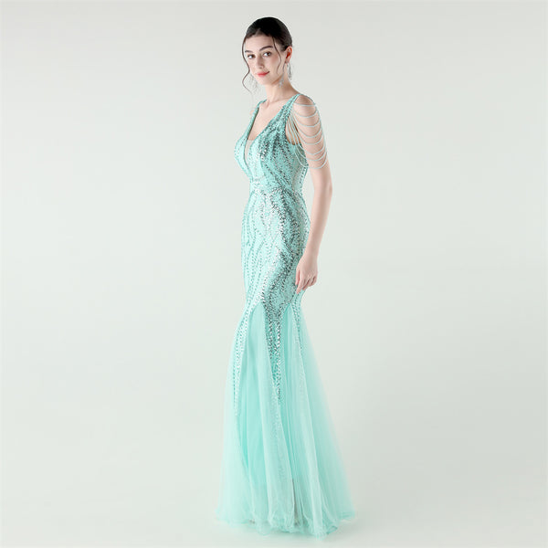2025 Backless Mermaid Gown with Sequin & Sheer Mesh Panels