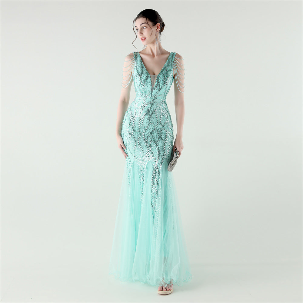 2025 Backless Mermaid Gown with Sequin & Sheer Mesh Panels