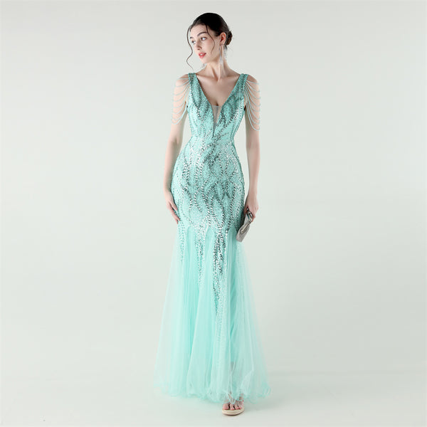 2025 Backless Mermaid Gown with Sequin & Sheer Mesh Panels