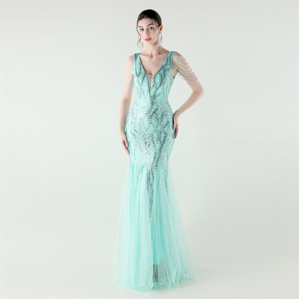 2025 Backless Mermaid Gown with Sequin & Sheer Mesh Panels