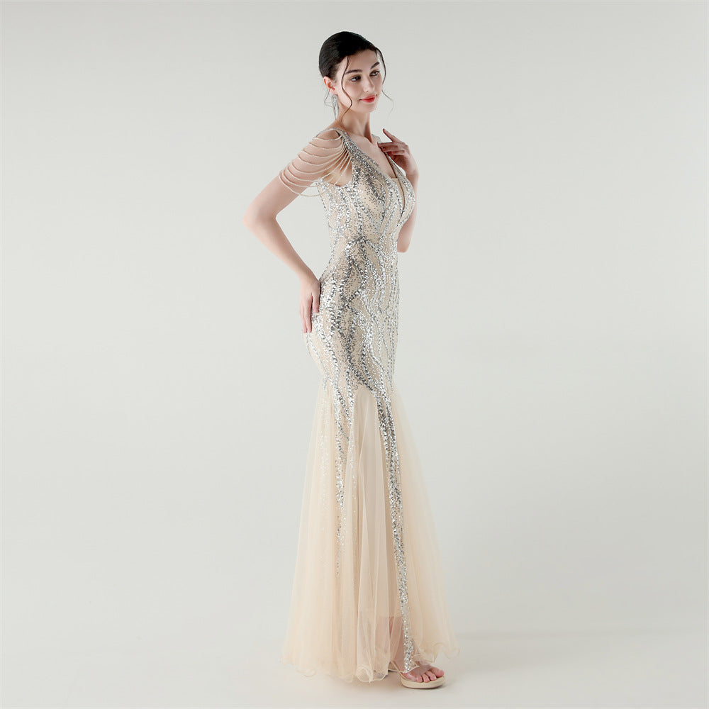 2025 Backless Mermaid Gown with Sequin & Sheer Mesh Panels
