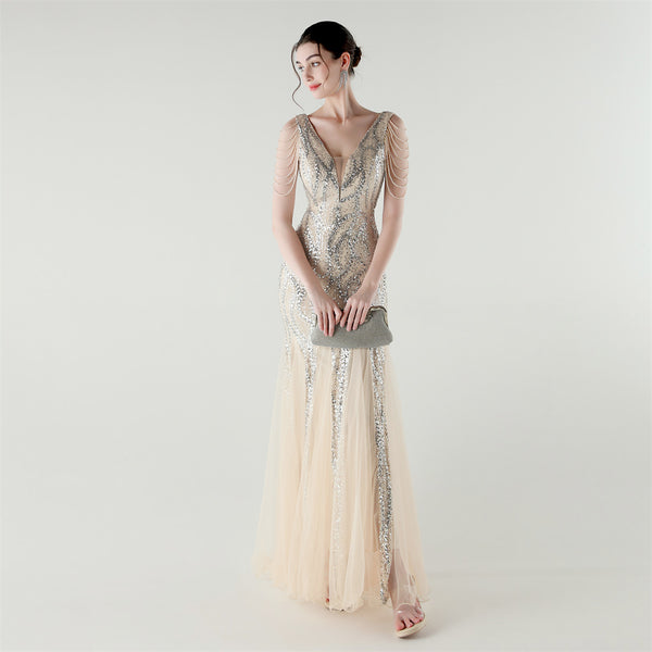 2025 Backless Mermaid Gown with Sequin & Sheer Mesh Panels