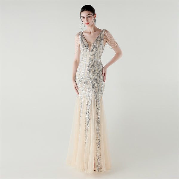 2025 Backless Mermaid Gown with Sequin & Sheer Mesh Panels