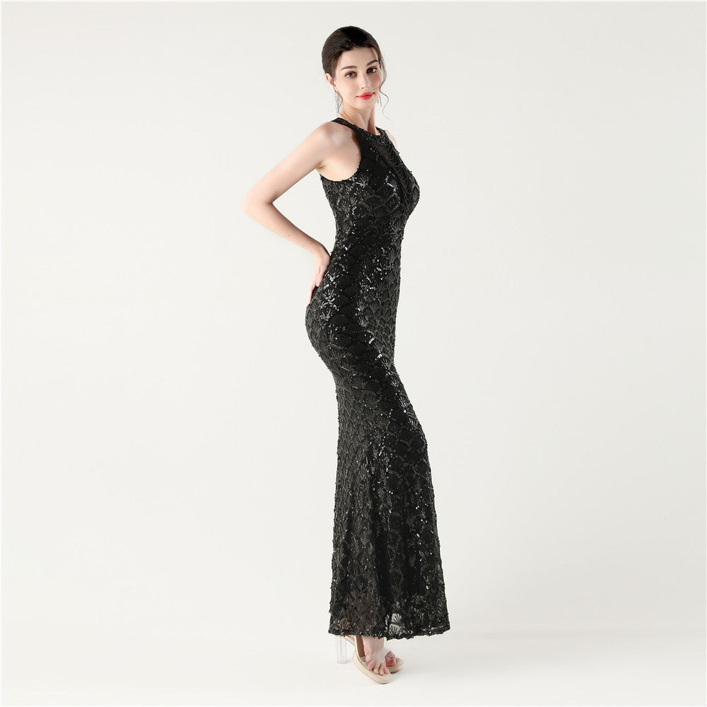 2025 High-Neck Halter Gown with Cut-Out Detail & Scale Sequins