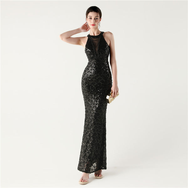 2025 High-Neck Halter Gown with Cut-Out Detail & Scale Sequins