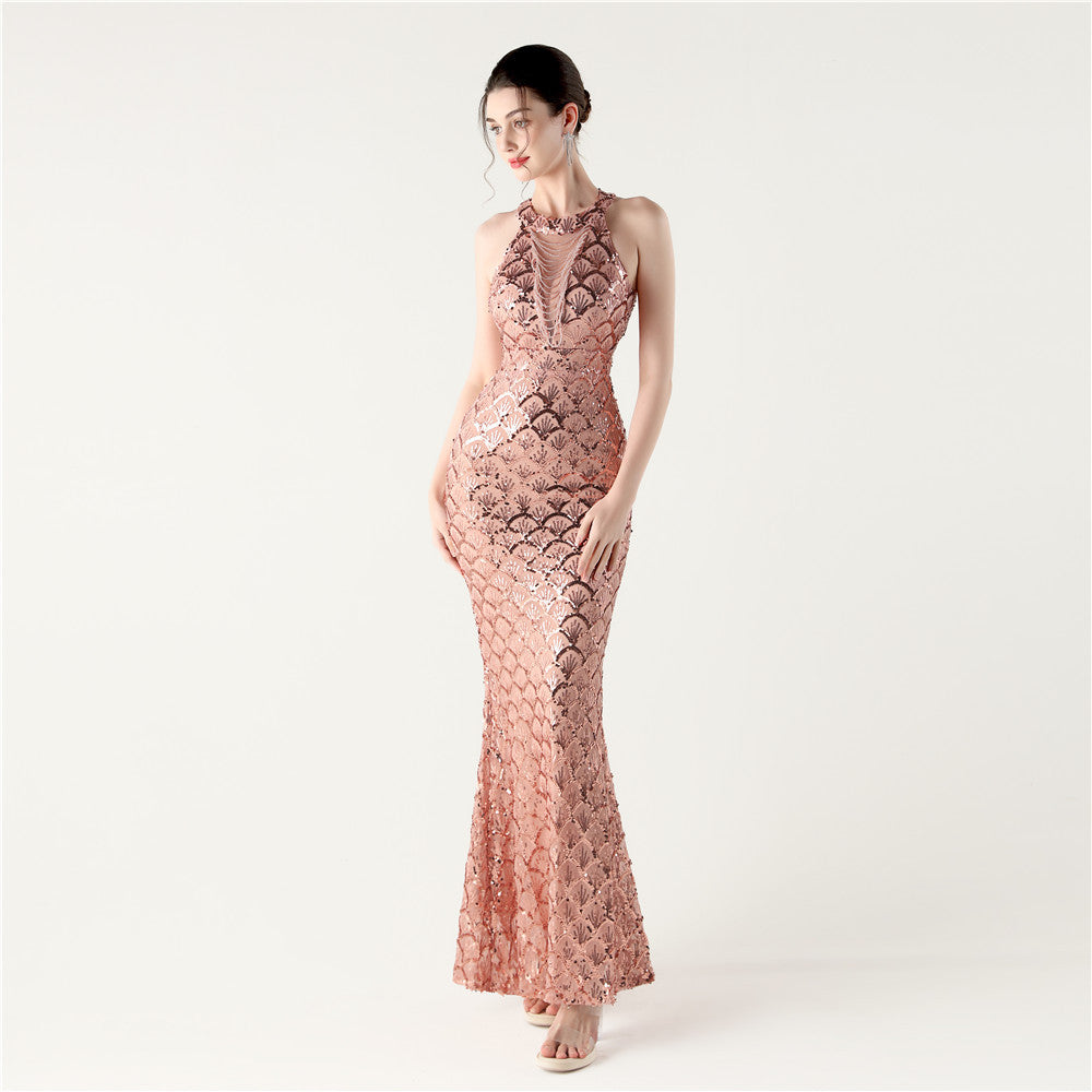 2025 High-Neck Halter Gown with Cut-Out Detail & Scale Sequins