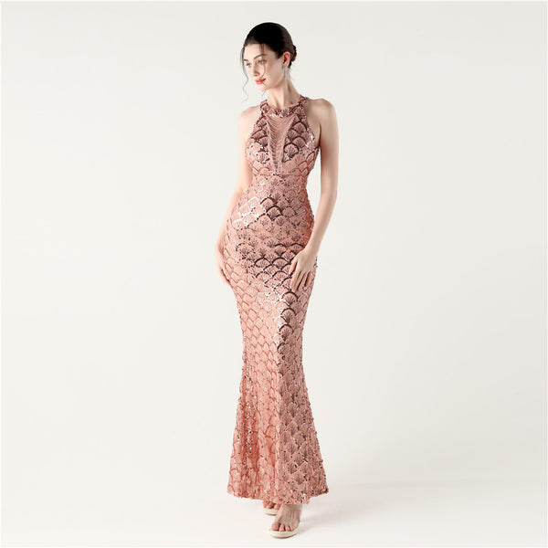 2025 High-Neck Halter Gown with Cut-Out Detail & Scale Sequins