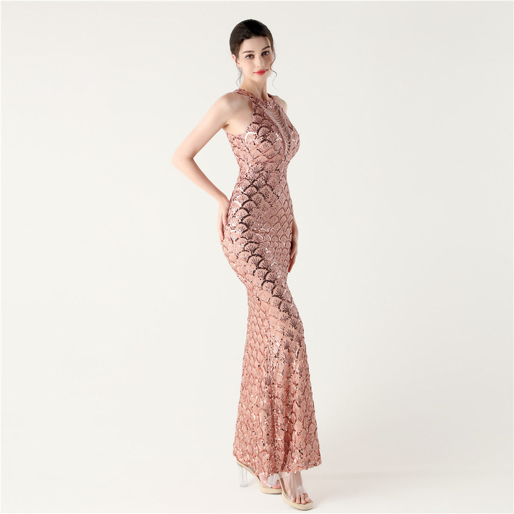 2025 High-Neck Halter Gown with Cut-Out Detail & Scale Sequins