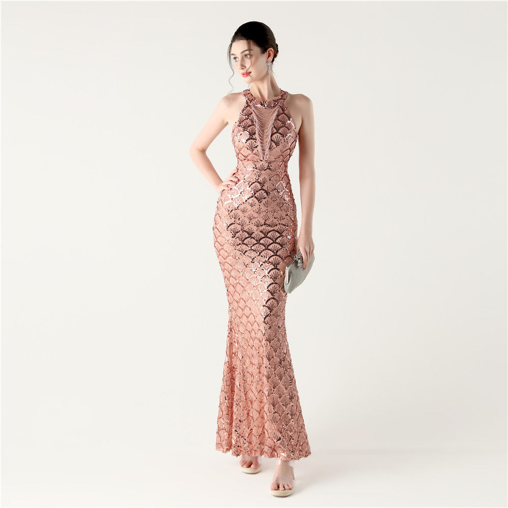 2025 High-Neck Halter Gown with Cut-Out Detail & Scale Sequins