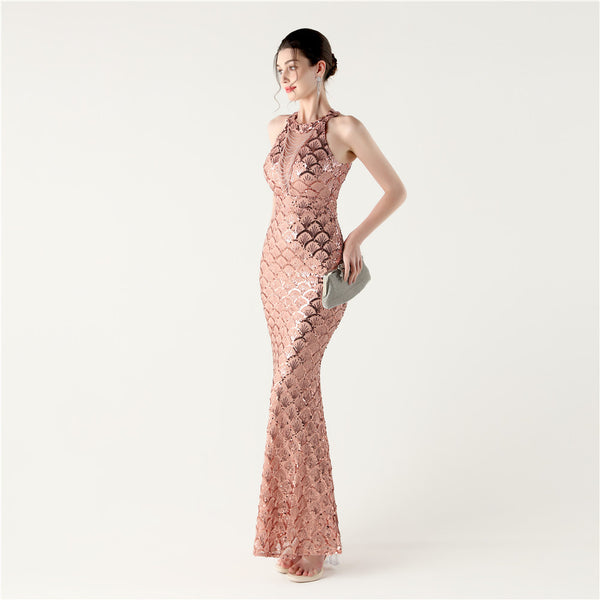 2025 High-Neck Halter Gown with Cut-Out Detail & Scale Sequins