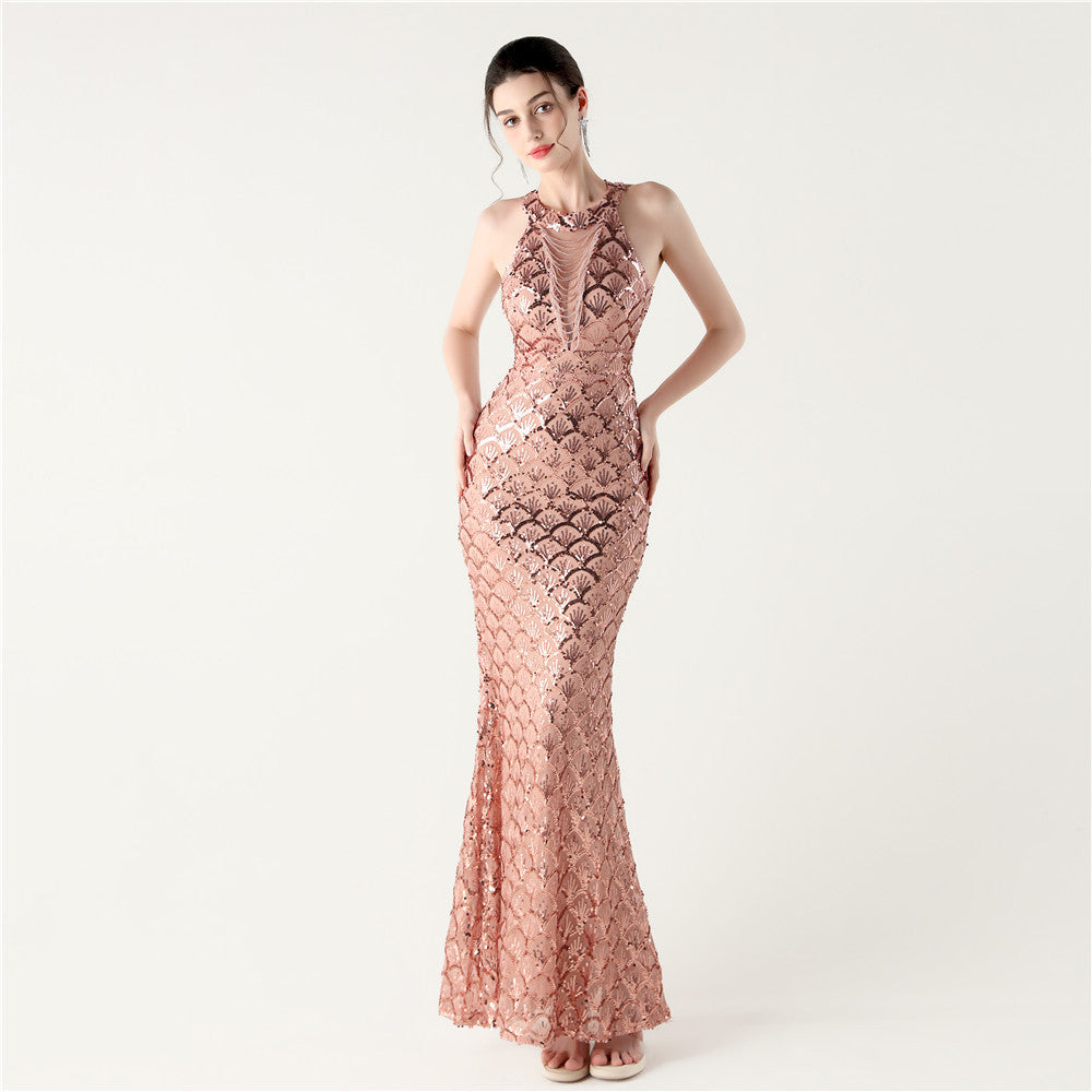 2025 High-Neck Halter Gown with Cut-Out Detail & Scale Sequins