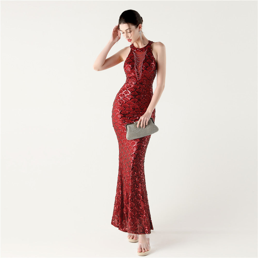 2025 High-Neck Halter Gown with Cut-Out Detail & Scale Sequins