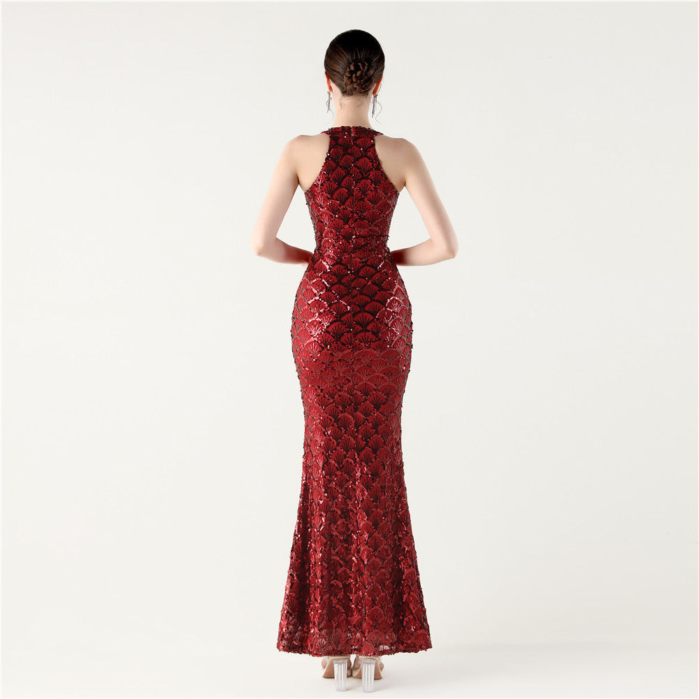 2025 High-Neck Halter Gown with Cut-Out Detail & Scale Sequins