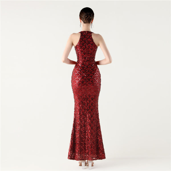 2025 High-Neck Halter Gown with Cut-Out Detail & Scale Sequins