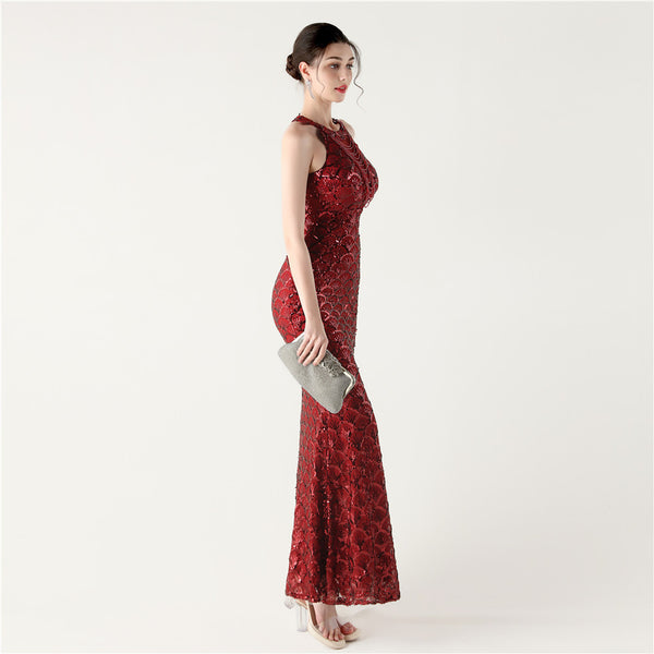 2025 High-Neck Halter Gown with Cut-Out Detail & Scale Sequins