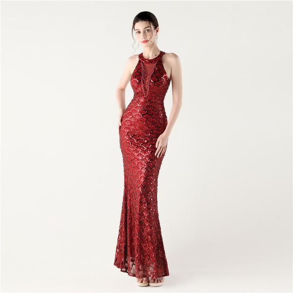 2025 High-Neck Halter Gown with Cut-Out Detail & Scale Sequins