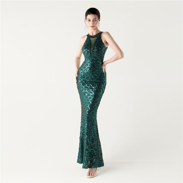 2025 High-Neck Halter Gown with Cut-Out Detail & Scale Sequins