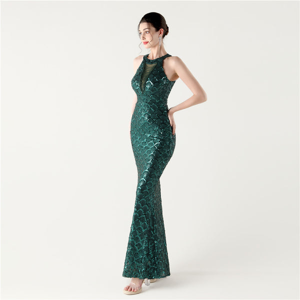 2025 High-Neck Halter Gown with Cut-Out Detail & Scale Sequins