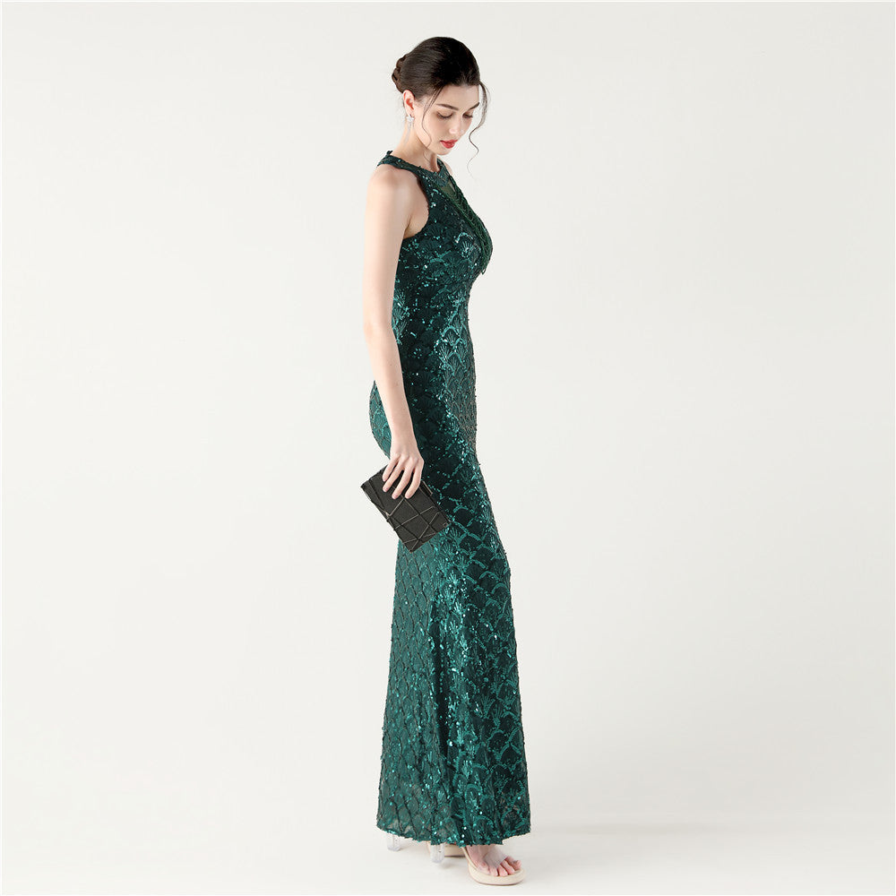 2025 High-Neck Halter Gown with Cut-Out Detail & Scale Sequins