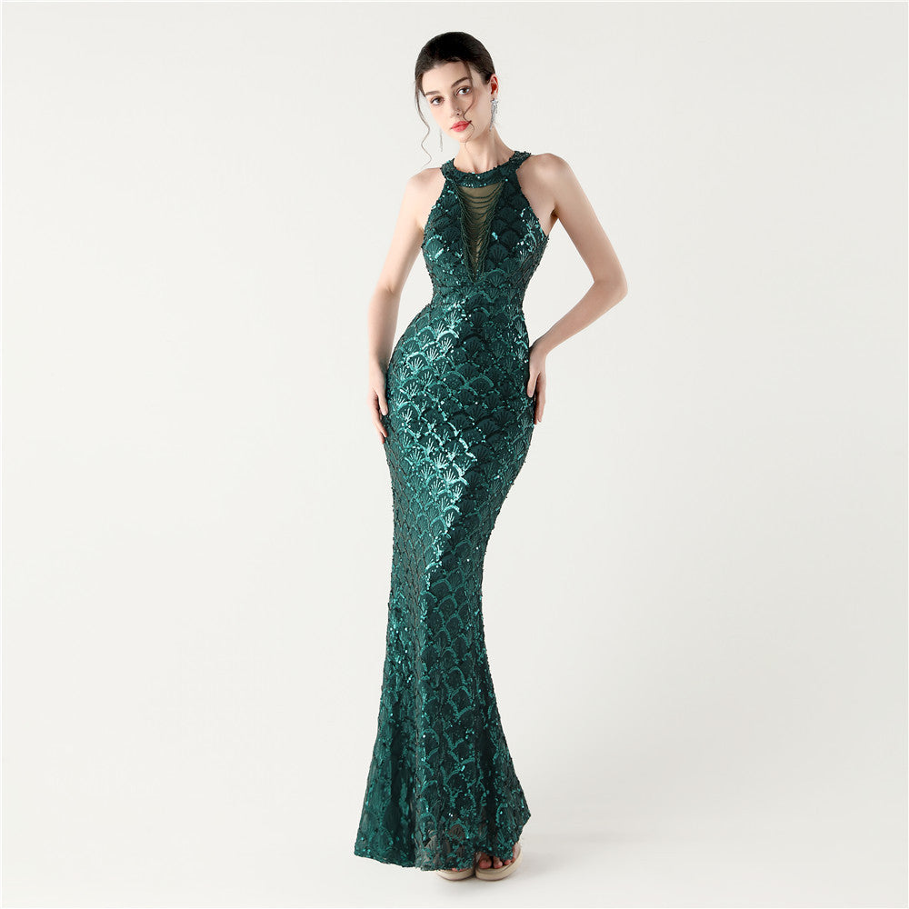 2025 High-Neck Halter Gown with Cut-Out Detail & Scale Sequins