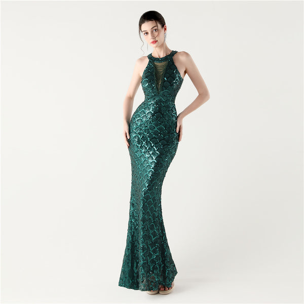 2025 High-Neck Halter Gown with Cut-Out Detail & Scale Sequins