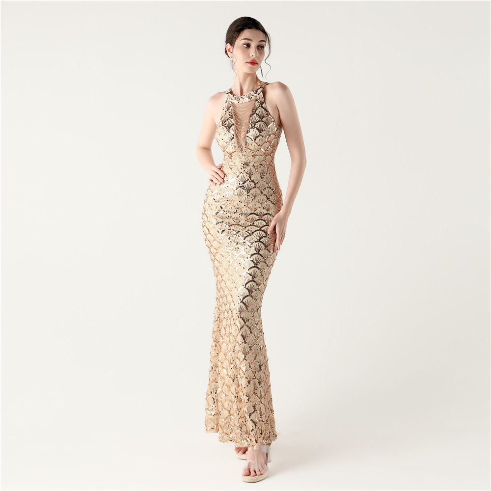 2025 High-Neck Halter Gown with Cut-Out Detail & Scale Sequins