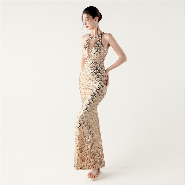 2025 High-Neck Halter Gown with Cut-Out Detail & Scale Sequins