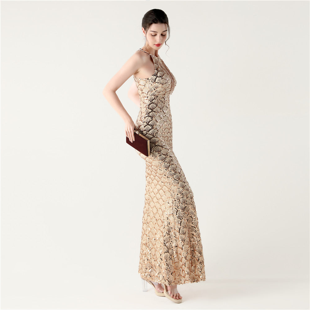 2025 High-Neck Halter Gown with Cut-Out Detail & Scale Sequins