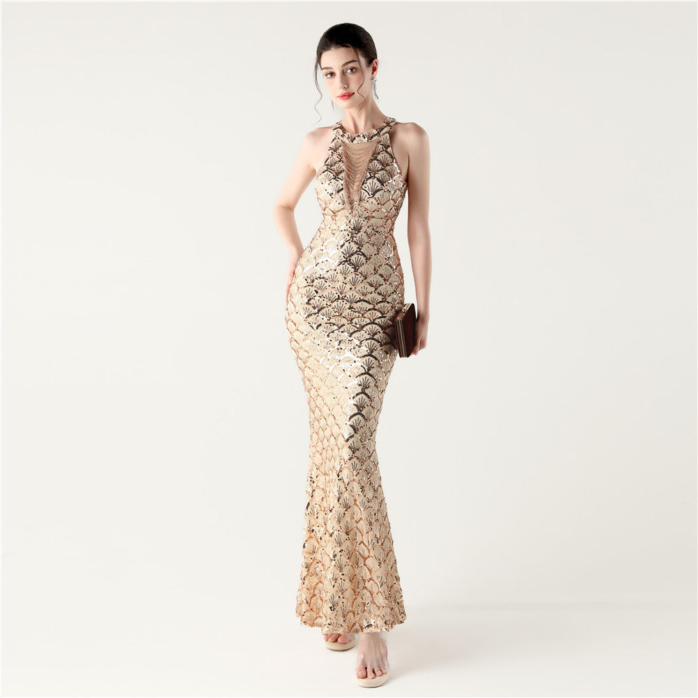 2025 High-Neck Halter Gown with Cut-Out Detail & Scale Sequins