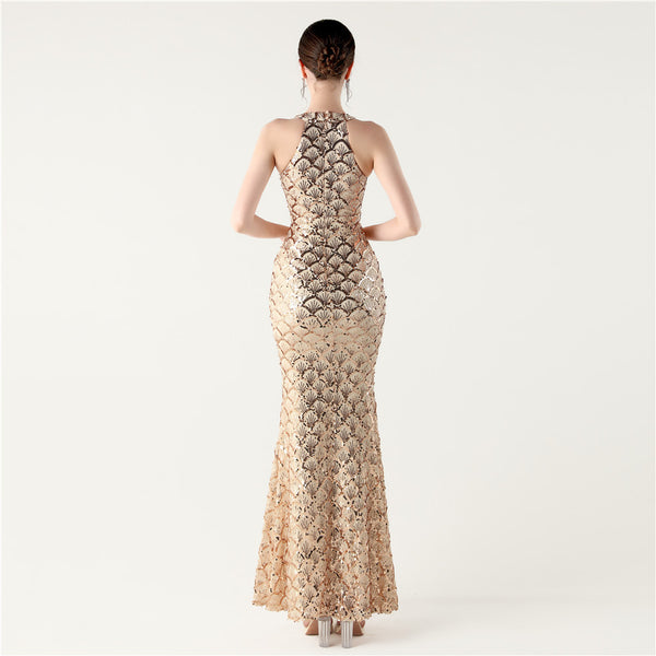 2025 High-Neck Halter Gown with Cut-Out Detail & Scale Sequins