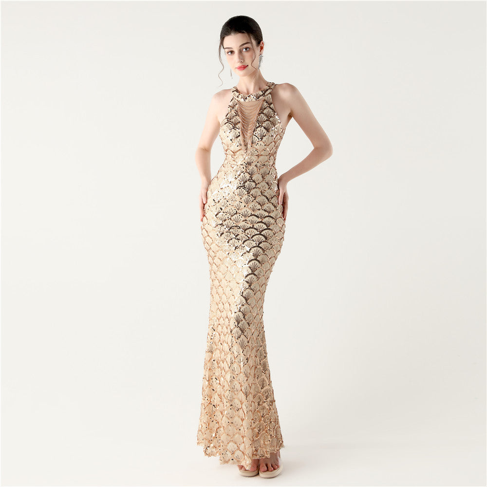 2025 High-Neck Halter Gown with Cut-Out Detail & Scale Sequins