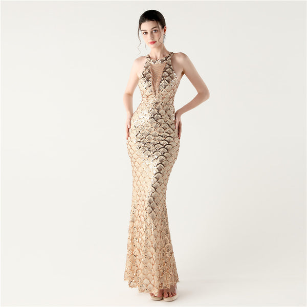 2025 High-Neck Halter Gown with Cut-Out Detail & Scale Sequins