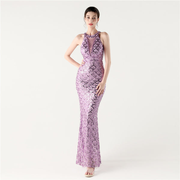 2025 High-Neck Halter Gown with Cut-Out Detail & Scale Sequins