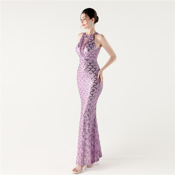 2025 High-Neck Halter Gown with Cut-Out Detail & Scale Sequins