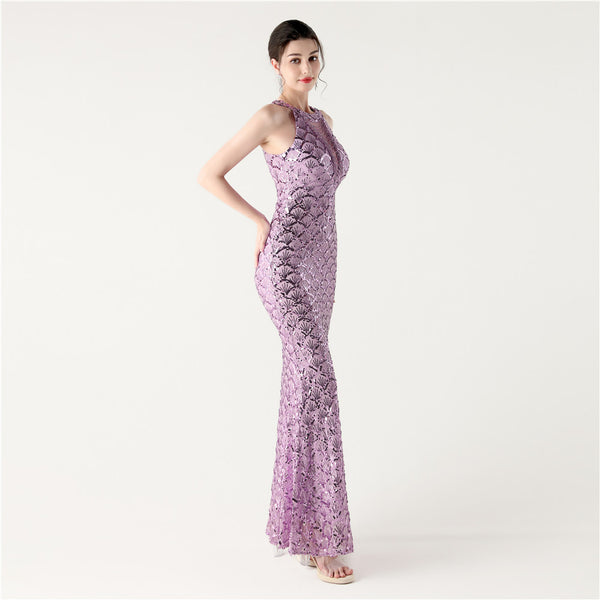 2025 High-Neck Halter Gown with Cut-Out Detail & Scale Sequins