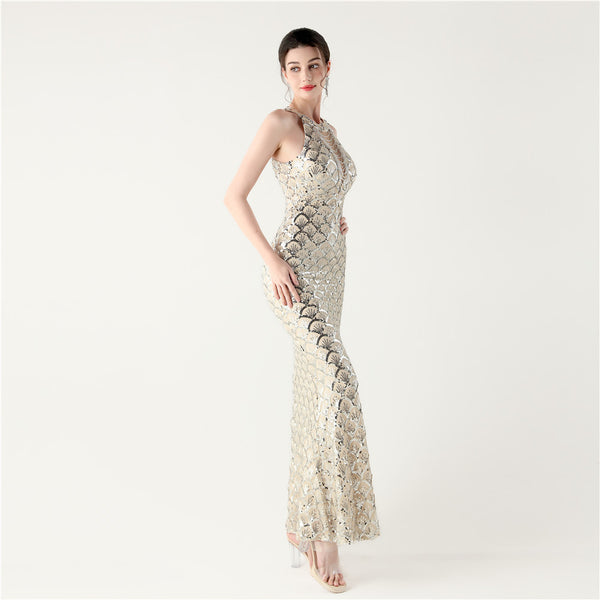 2025 High-Neck Halter Gown with Cut-Out Detail & Scale Sequins