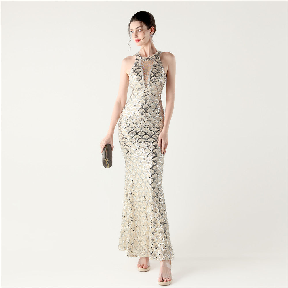 2025 High-Neck Halter Gown with Cut-Out Detail & Scale Sequins