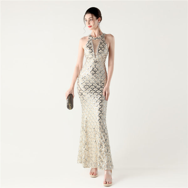2025 High-Neck Halter Gown with Cut-Out Detail & Scale Sequins