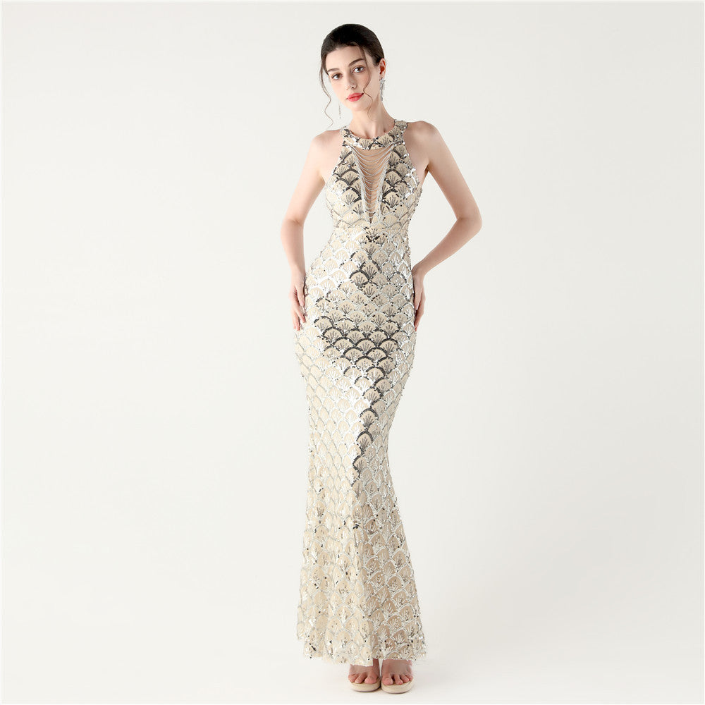 2025 High-Neck Halter Gown with Cut-Out Detail & Scale Sequins