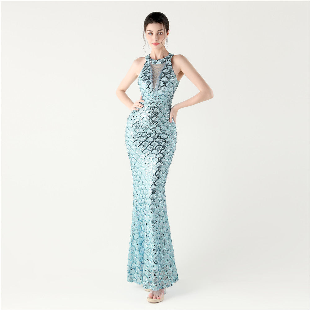 2025 High-Neck Halter Gown with Cut-Out Detail & Scale Sequins