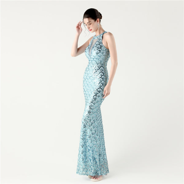 2025 High-Neck Halter Gown with Cut-Out Detail & Scale Sequins