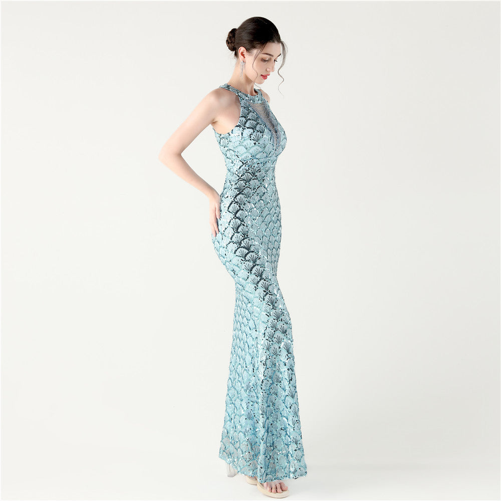 2025 High-Neck Halter Gown with Cut-Out Detail & Scale Sequins