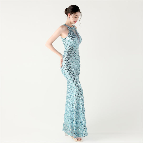2025 High-Neck Halter Gown with Cut-Out Detail & Scale Sequins