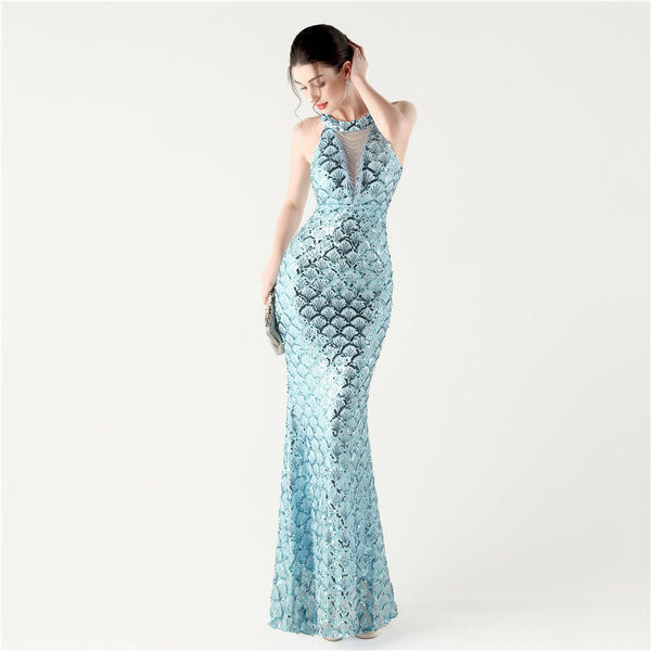2025 High-Neck Halter Gown with Cut-Out Detail & Scale Sequins