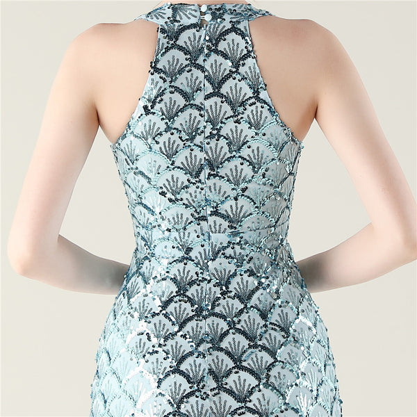 2025 High-Neck Halter Gown with Cut-Out Detail & Scale Sequins