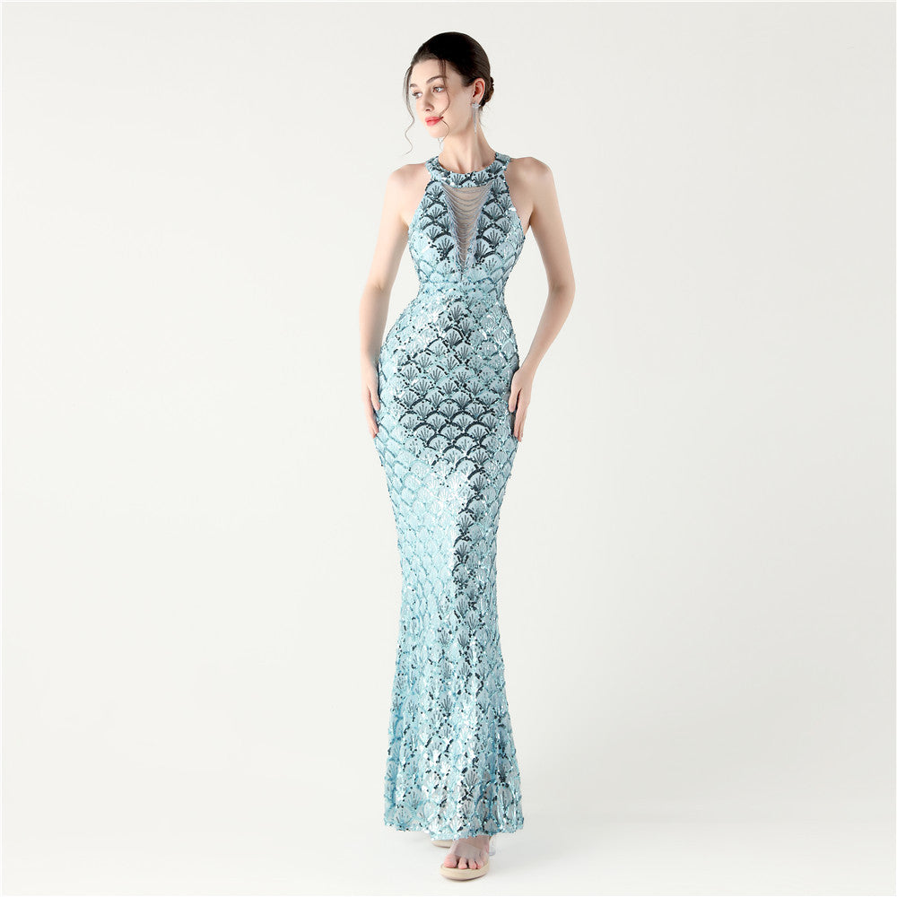 2025 High-Neck Halter Gown with Cut-Out Detail & Scale Sequins