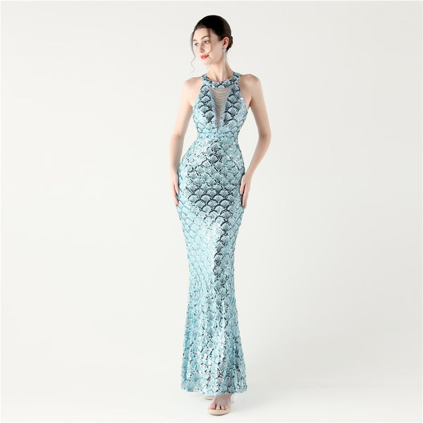 2025 High-Neck Halter Gown with Cut-Out Detail & Scale Sequins