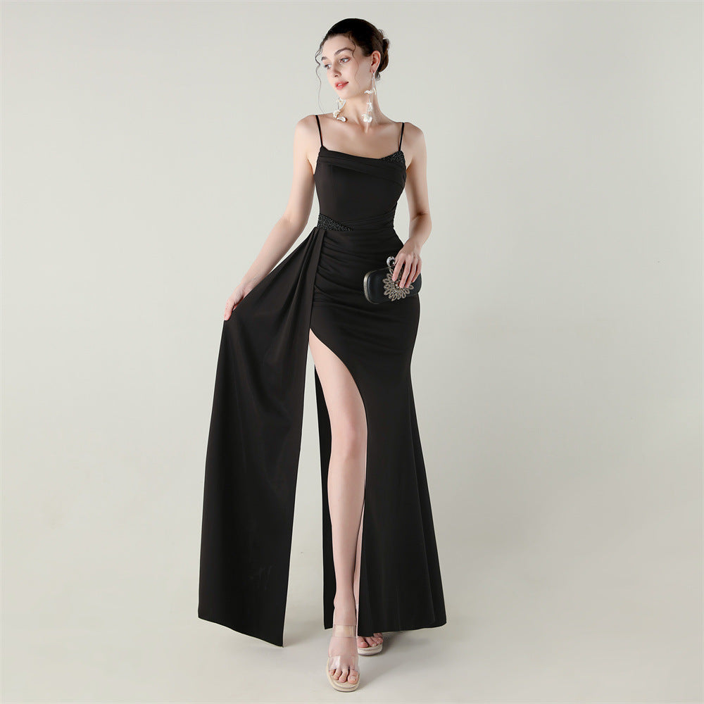 Satin Mermaid Gown with Spaghetti Straps & Beaded Detail