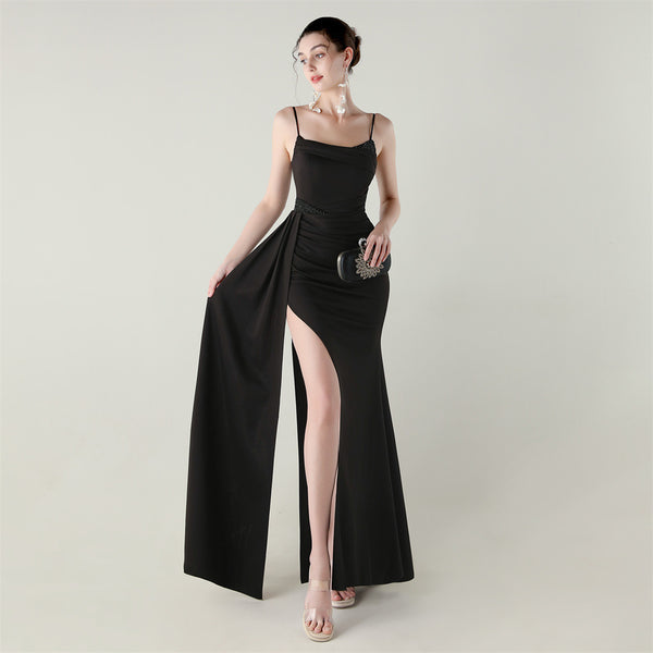 Satin Mermaid Gown with Spaghetti Straps & Beaded Detail