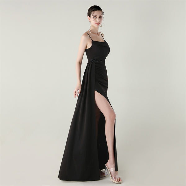 Satin Mermaid Gown with Spaghetti Straps & Beaded Detail